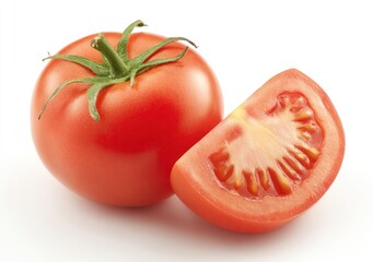A ripe, red tomato with vibrant green stem sits next to a juicy slice, revealing its fleshy interior, all on a crisp white background