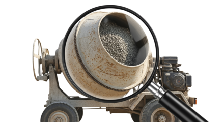 Concrete mixer and magnifier glass construction detail isolated PNG with Transparent Background