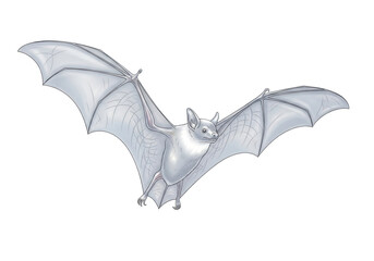 Elegant, highly stylized luminous pale silver fruit bat, iridescent sheen, delicate extended wings & intricate details, isolated on white background with copy space, concept of tranquil nature.