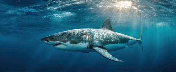 Fototapeta premium The Great White Shark Swimming Beneath Sunlit Ocean Surface in Crystal Blue Water