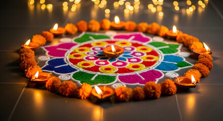 Diwali Rangoli Design with Flowers and Candles for Hindu Festival of Lights