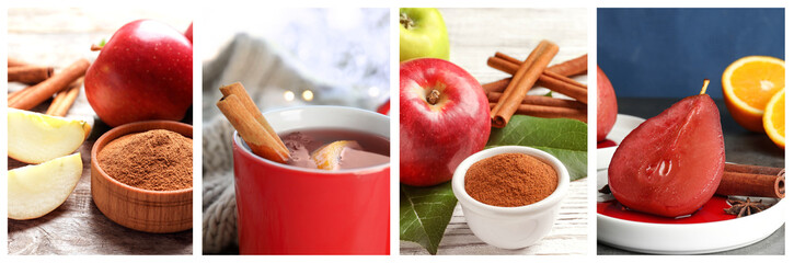 Cinnamon powder and sticks. Drink and dish with added spice. Collage of pictures