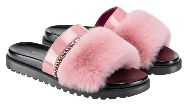 Pink faux fur slide sandals with patent straps isolated on a transparent background slides