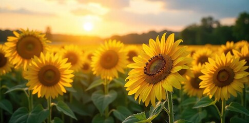Obraz premium Golden hour sunlight bathes a vibrant field of ripe sunflowers, ready for harvest The warm summer air hints at a bountiful crop and the sweet scent of honey , farmland, summer sun