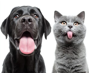 Close-up of a cheerful black dog with its tongue out, next to a gray cat playfully sticking its tongue out, all against a stark white background