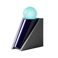 Precise conceptual wedge structure: indigo polished ceramic core, dark grey concrete shell, luminous cyan glass orb. Isolated on white with sharp studio light, minimalist art concept