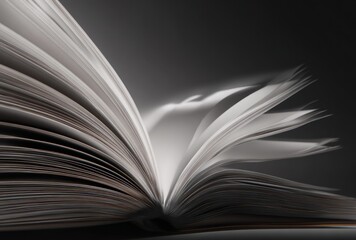 Open book close-up with blurred pages suggests flipping, reading, knowledge, or learning in a monochrome, almost magical setting