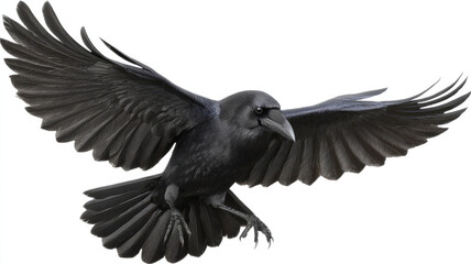 Fototapeta premium Majestic black raven glossy feathers spreads wings wide mid flight, sharp beak intense gaze, isolated white background, symbolizing intelligence mystery