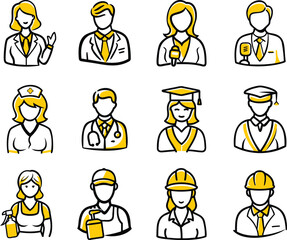 Profession Icons Pack – 12 Outline People Avatars for Career, HR, Education and Industry
