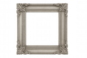 Silver vintage picture frame with baroque decorations on its corners, isolated on transparent background, perfect for inserting images