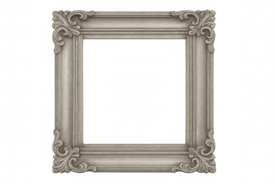 Silver vintage picture frame with baroque decorations on its corners, isolated on transparent background, perfect for inserting images