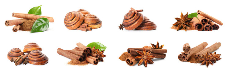 Cinnamon rolls, sticks and powder isolated on white, set