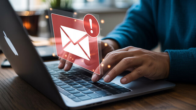 New email notification concept on laptop with exclamation mark and envelope for inbox message alert - Powered by Adobe