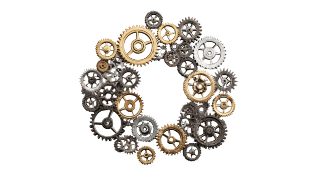 Circular arrangement of gears, various sizes and colors