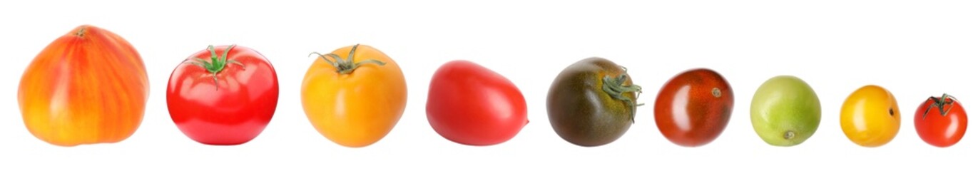 Different types of fresh ripe tomatoes isolated on white, set
