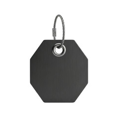 A robust deep charcoal brushed aluminum hexagonal tag with reinforced grommet and steel wire loop, isolated on a transparent background with copy space, durable industrial asset tracking concept
