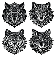 Set of 4 Intricate Wolf Head Illustrations — Black & White Vector Mascot, Tattoo, and Esports Logo Elements