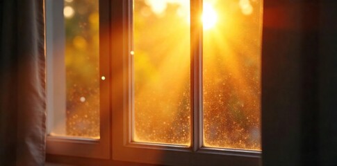Golden hour sunlight streams through a window, illuminating dust motes dancing in the warm, lazy rays of a Sunday morning Perfect for relaxation and peaceful vibes , glass, bright