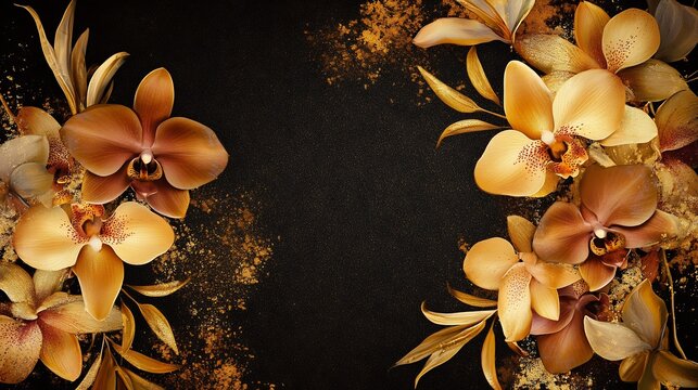 Luxurious background design with golden hued orchids and lilies against a dark velvet like texture The elegant floral arrangement adds a touch of sophistication ideal for upscale gatherings