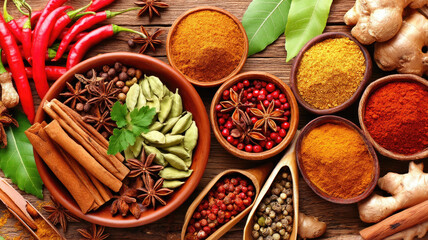 Colorful spices chili cinnamon cardamom star anise turmeric ginger peppercorns arranged bowls scoops rustic wood evoke global cuisine aromatic flavors