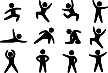 Set of 12 black silhouettes of people exercising and dancing
