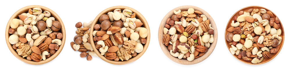 Nuts mix in bowls isolated on white, set. Top view
