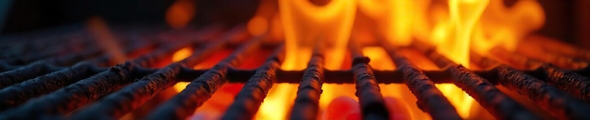 Close-up shot of vibrant flames licking a grill grate, intense heat radiating, perfect for culinary or barbecue themed projects ,  background,  yellow,  outdoor
