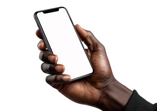 Dark-skinned hand holds a phone with a blank white screen, against a white background. Partially visible black suit cuff - Powered by Adobe