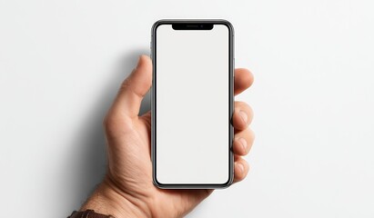A close-up shot showcasing a hand holding a sleek, modern smartphone with a blank, white screen against a plain, bright background