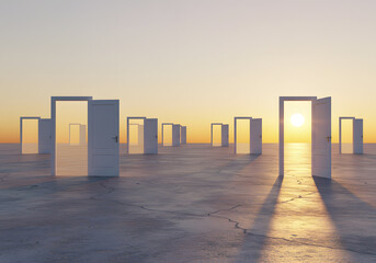 Multiple Doors Opening to a Sunset on a Concrete Floor