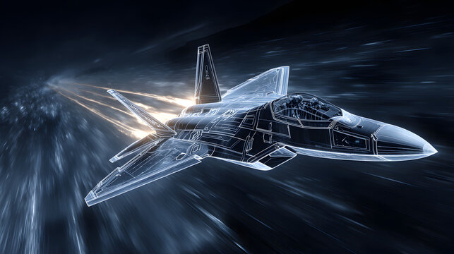Futuristic fighter jet illustration flying in a dynamic, artistic scene  - Powered by Adobe