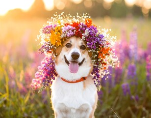 Happy dog in a flower crown