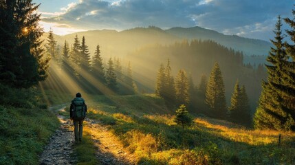 Fototapeta premium Hiker On Mountain Trail At Sunrise