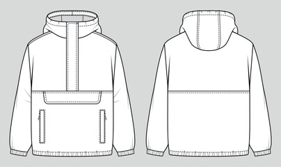 Puffer anorak jacket. Unisex oversized coat with hood and front pouch pocket. Vector technical sketch. Mockup template.