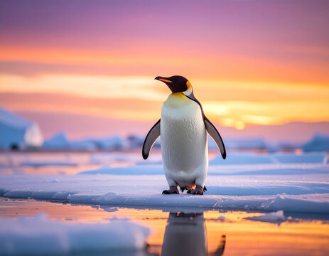 A solitary emperor penguin stands proudly on icy surface against a colorful sunset. - Powered by Adobe