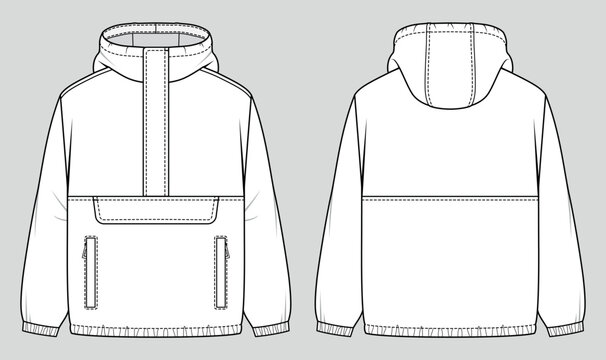 Puffer anorak jacket. Unisex oversized coat with hood and front pouch pocket. Vector technical sketch. Mockup template.