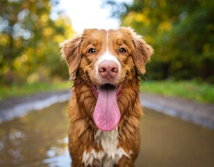 Happy dog in a puddle