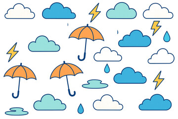 Fototapeta premium Weather icons including clouds, umbrellas, raindrops, and lightning in cartoon style on a white background. Concept of climate elements. Ai generative