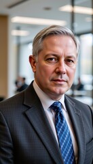 Naklejka premium Senior businessman in suit, half-body portrait with confident expression in modern office environment.