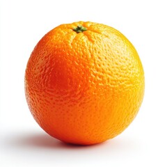 A vibrant, textured orange sits against a white backdrop, casting a soft shadow. The fruit displays a rich orange peel and small stem