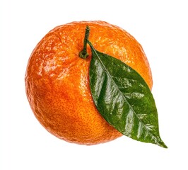 Ripe, textured orange citrus fruit with a vibrant green leaf, isolated on a bright white background. The surface is detailed with dimples and small imperfections