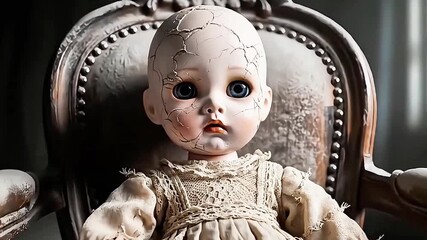 Creepy antique doll with cracked face sitting on ornate vintage chair in dark room - Powered by Adobe