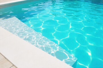 Sparkling clean pool water, a pristine white surface reflecting sunlight, creating a tranquil and inviting summer scene Ideal for relaxation, vacation, and luxury themes , resort, summer, clear
