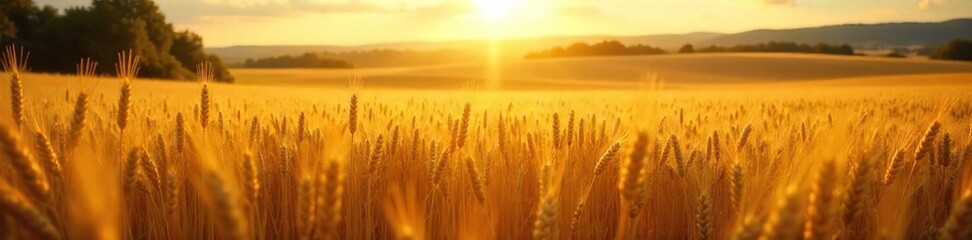 Golden hour sunlight bathes a summer landscape in warm, rich hues Fields of ripe wheat sway gently in the breeze, creating a picturesque scene of idyllic summer abundance , vast, breathtaking