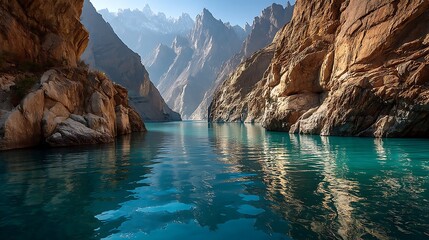 Attabad Lake Glowing In Turquoise Blue, Reflecting Surrounding Sharp Cliffs And Distant Snow Peaks. The Water Is Smooth And Mirror-Like, With Golden Sunlight Catching The Waves