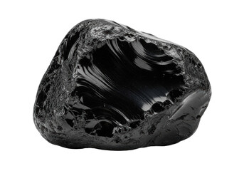 Deep black, unpolished, irregular obsidian with a matte, light-absorbing surface, isolated on a transparent background with copy space. Concept of raw earth power and natural geology