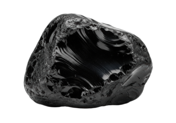 Deep black, unpolished, irregular obsidian with a matte, light-absorbing surface, isolated on a transparent background with copy space. Concept of raw earth power and natural geology