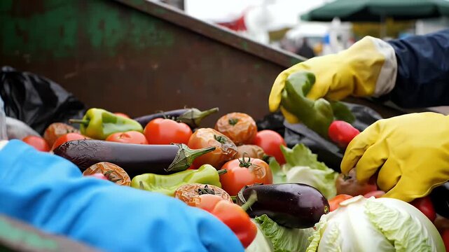Dumpster Overflowing with Decaying Food Waste in Outdoor Setting with Gloved Hands Sorting