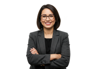 Smiling woman in blazer with arms crossed on transparent background