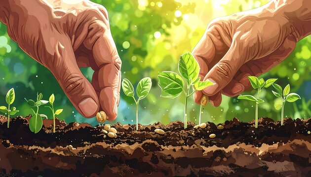 Hands planting seeds in fertile soil - Powered by Adobe